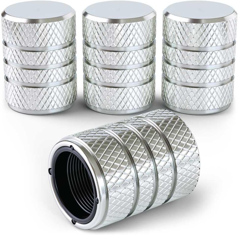 PC Autoworks Aluminum Tire Valve Stem Caps – Anti-Rust, Premium Anodized Aluminum, Corrosion-Resistant, Easy Install, Universal Fit for Car, Truck, Bike, SUV – 1 Pack/Set of 4 (Sterling Silver) - Image 1
